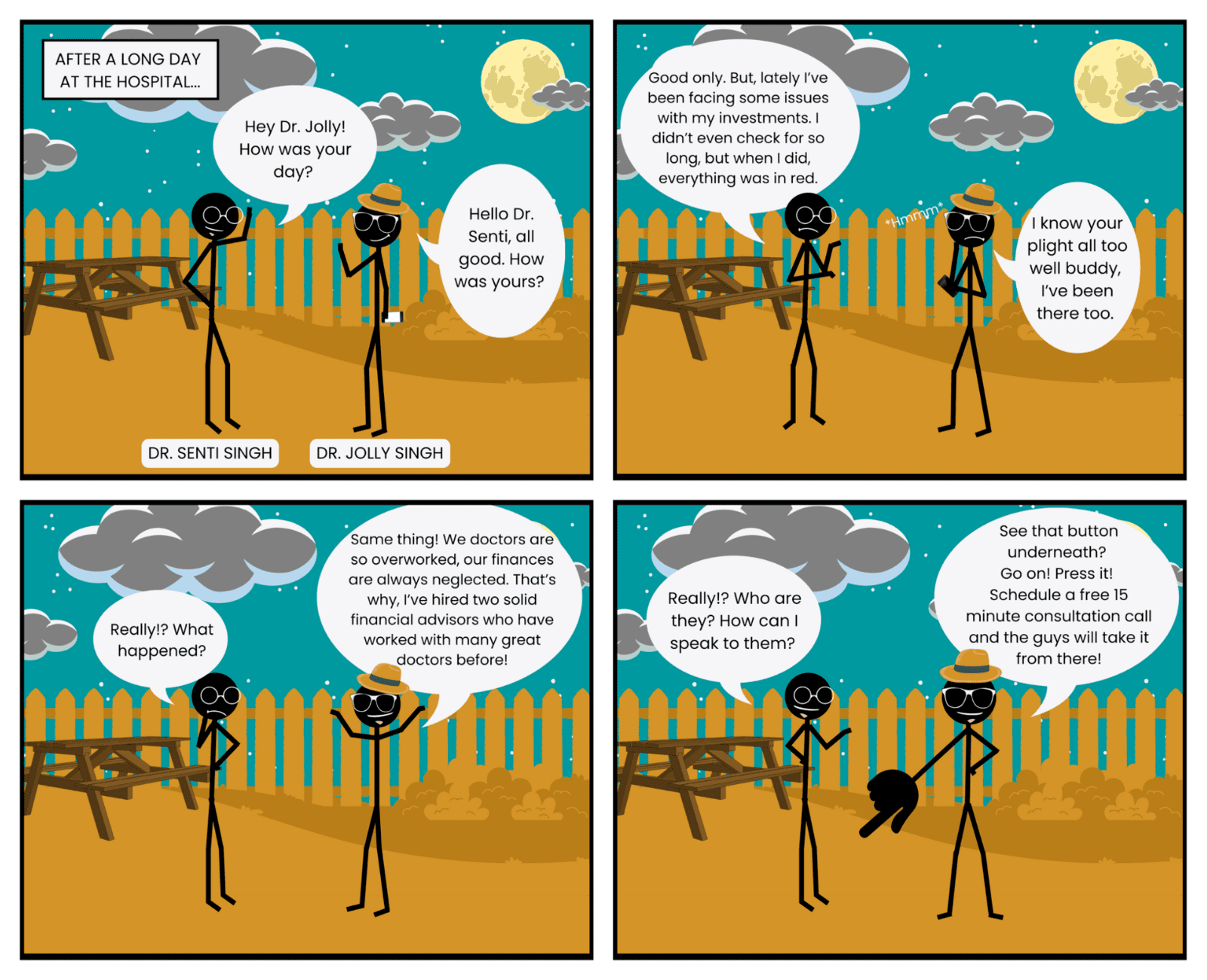 Two stick figures engaged in conversation, discussing the finance for physicians services offered by Finshield, a leading investment advisory firm.